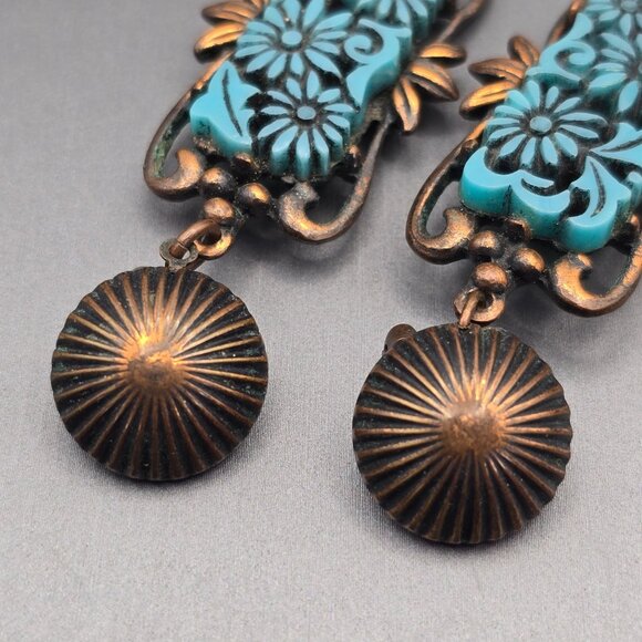 VTG Selro Turquoise Thermoset Floral Design & Copper Clip-On Earrings 2.5" - Picture 3 of 6
